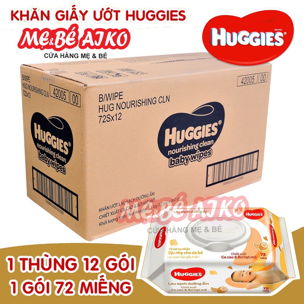 Thùng 12 gói Khăn ướt Huggies chiết xuất Cao cao và Bơ hạt mỡ (72 miếng/gói)