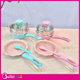 Bộ nồi chảo hoa đá kèm xửng hấp nấu đồ ăn dặm, men đá chống dính cao cấp cho bé 2