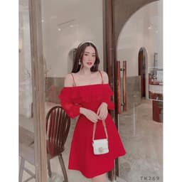 [Xả kho nghỉ bán] Đầm nữ đỏ hai dây trễ vai phối voan - Đầm 2 dây bẹt vai 5