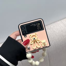 Ốp Samsung Z Flip 4 - ZFlip3 - Z Flip3 - Flip3 5G màu hồng pastel ngọt ngào charm gấu cute kèm dây đeo hạt kem 2