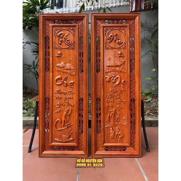 Bộ Tranh Chữ Câu Đối Cha Mẹ 37*107 gỗ hương treo tường