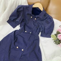 [Xả kho nghỉ bán] Đầm nữ thủy thủ - Đầm gài nút to bản cổ sơ mi tay bồng- Đầm tiểu thư cúc cài 7