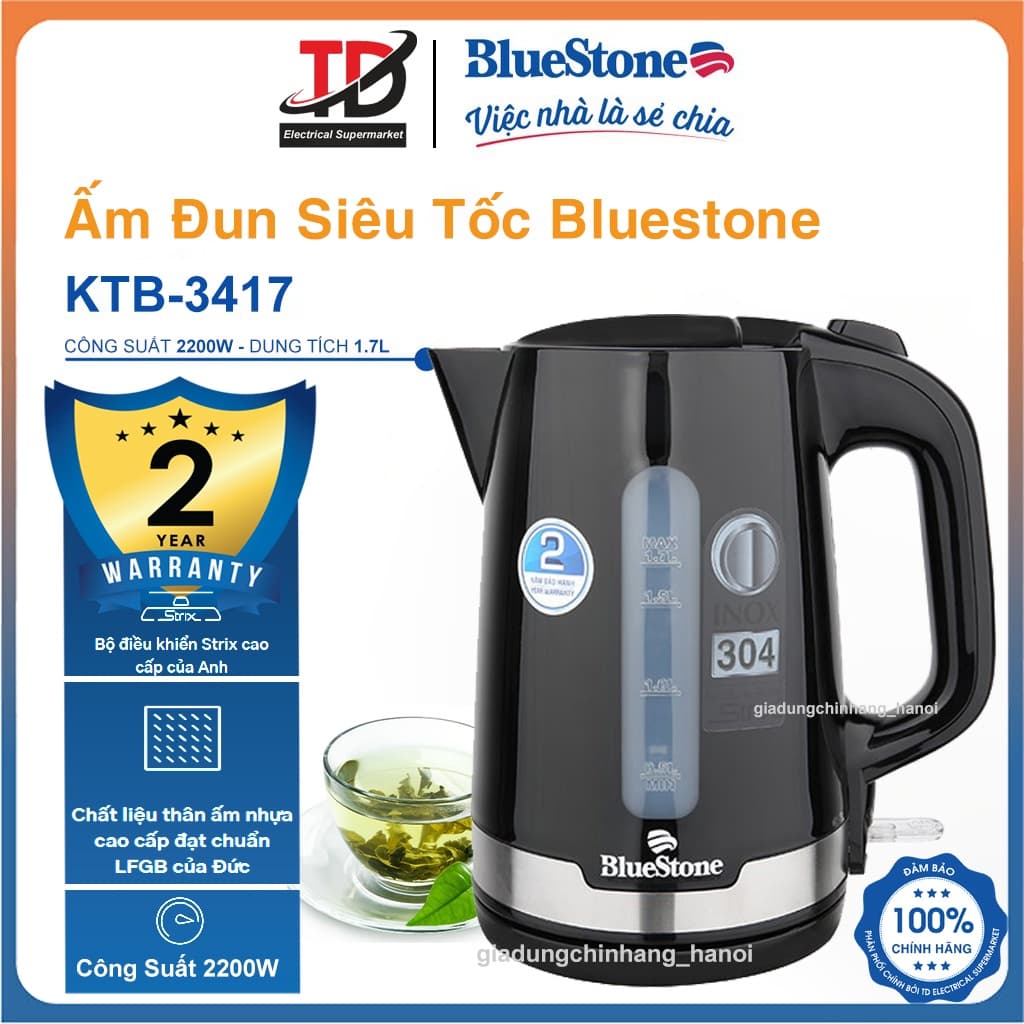 Ấm Đun Siêu Tốc Bluestone KTB-3417 , 1.7 lít -2200W , Bảo Hành Chính Hãng 2 Năm