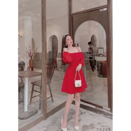 [Xả kho nghỉ bán] Đầm nữ đỏ hai dây trễ vai phối voan - Đầm 2 dây bẹt vai 2