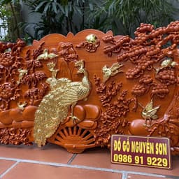 Tranh quạt phu thê viên mãn-gỗ hương đỏ dát vàng cao cấp 3