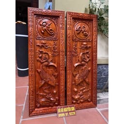Tranh cá chép " Lý ngư vọng nguyệt " gỗ hương , khung ván dày 4cm 6