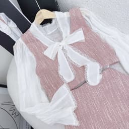Set Tiểu Thư Áo Sơ Mi Cổ Thắt Nơ Tay Dài Mix Chân Váy Vải Bố - Áo Linen Gài Nơ Kèm Váy Đính Cúc [Hàng Thiết Kế Lahoute] 5