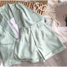 Set Nữ 3 Món Áo Vest Khoác Ngoài Kèm Áo Dây Mix Quần Đùi Xanh Ngọc Phong Cách Công Sở [Lahoute] 5