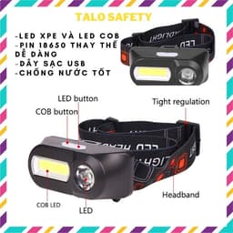 Đèn pin đeo đầu mini nhẹ gọn led XPE và led Cod dùng pin sạc 18650 có thể thay pin linh 1