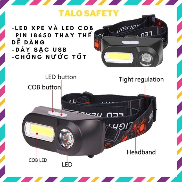 Đèn pin đeo đầu mini nhẹ gọn led XPE và led Cod dùng pin sạc 18650 có thể thay pin linh