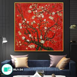 Tranh canvas treo tường khổ vuông hoa mai nền đỏ rực rỡ - 80 x 80 cm 1