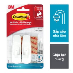Móc dán tường chống thấm nước Command 3M vỉ 2 cái cỡ vừa chịu lực 1.3kg - 2.2kg, Móc dán tường chịu lực siêu bền 3
