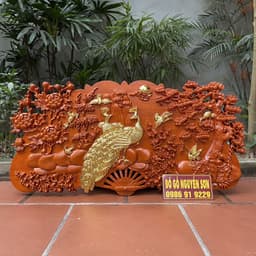 Tranh quạt phu thê viên mãn-gỗ hương đỏ dát vàng cao cấp 1