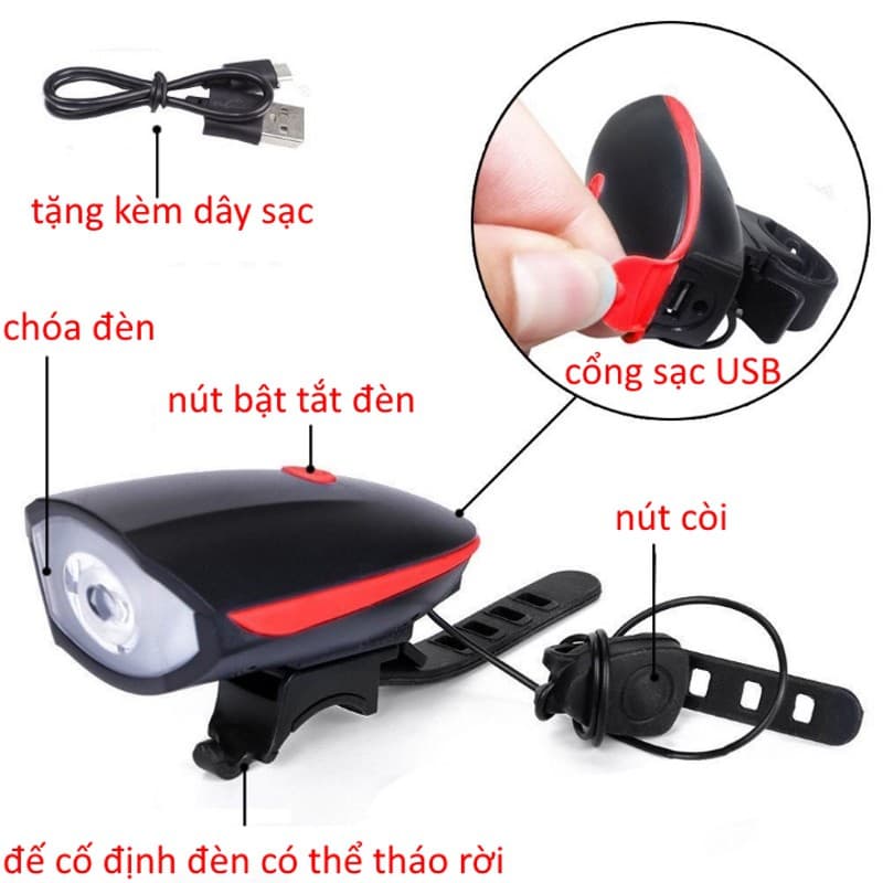 Đèn xe đạp có còi pin sạc usb đèn pha Led  chống nước, đèn trước siêu sáng có 5 chế độ thuyr