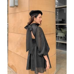 [Xả kho nghỉ bán] Đầm nữ lụa phối voan cột nơ hở lưng, ảnh thật trải sàn - Đầm nữ xòe vải voan lụa công chúa tay dài 5