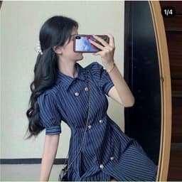 [Xả kho nghỉ bán] Đầm nữ thủy thủ - Đầm gài nút to bản cổ sơ mi tay bồng- Đầm tiểu thư cúc cài 1