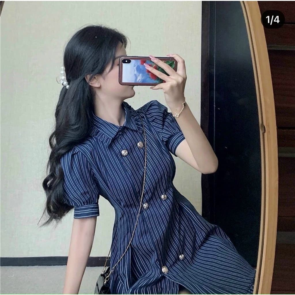 [Xả kho nghỉ bán] Đầm nữ thủy thủ - Đầm gài nút to bản cổ sơ mi tay bồng- Đầm tiểu thư cúc cài