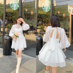 [Xả kho nghỉ bán] Đầm nữ lụa phối voan cột nơ hở lưng, ảnh thật trải sàn - Đầm nữ xòe vải voan lụa công chúa tay dài 2