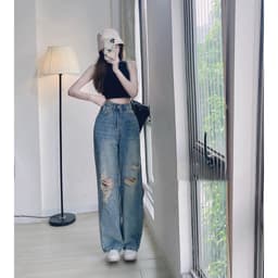 Quần Jean rách  ống rộng Quần bò Nữ Dáng Suông chất Jeans Lưng Cao Ulzzang,dễ phối đồ 3