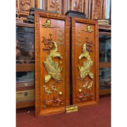 Tranh Cá Gỗ Hương Lý Ngư Vọng Nguyệt Dát Vàng Đài loan 24k bền đẹp 2