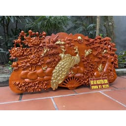 Tranh quạt phu thê viên mãn-gỗ hương đỏ dát vàng cao cấp 5