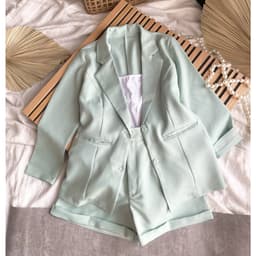 Set Nữ 3 Món Áo Vest Khoác Ngoài Kèm Áo Dây Mix Quần Đùi Xanh Ngọc Phong Cách Công Sở [Lahoute] 3