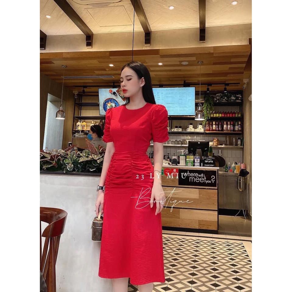 [Xả kho nghỉ bán] Đầm nữ dự tiệc mango nhún eo tôn dáng - Váy đũi midi dáng ôm 2 màu
