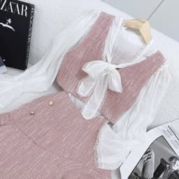 Set Tiểu Thư Áo Sơ Mi Cổ Thắt Nơ Tay Dài Mix Chân Váy Vải Bố - Áo Linen Gài Nơ Kèm Váy Đính Cúc [Hàng Thiết Kế Lahoute] 8