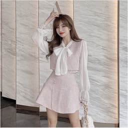 Set Tiểu Thư Áo Sơ Mi Cổ Thắt Nơ Tay Dài Mix Chân Váy Vải Bố - Áo Linen Gài Nơ Kèm Váy Đính Cúc [Hàng Thiết Kế Lahoute] 3