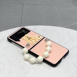 Ốp Samsung Z Flip 4 - ZFlip3 - Z Flip3 - Flip3 5G màu hồng pastel ngọt ngào charm gấu cute kèm dây đeo hạt kem 6