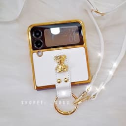 [HÌNH THẬT CÓ SẴN] Ốp Samsung Z Flip 4 - ZFlip3 - Flip3 5G cường lực vân da charm gấu viền gold dây đeo dài sang trọng 2
