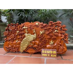 Tranh quạt phu thê viên mãn-gỗ hương đỏ dát vàng cao cấp 2
