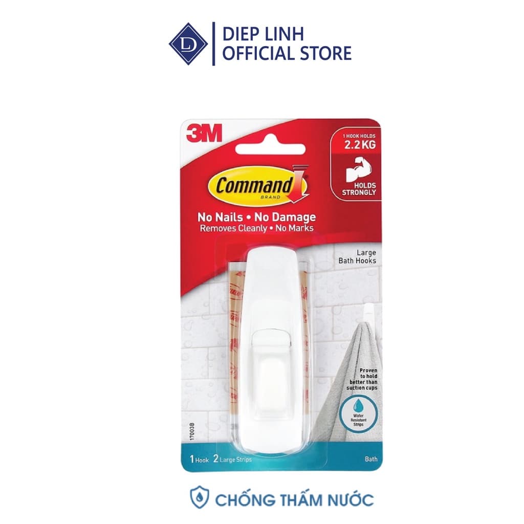 Móc dán tường chống thấm nước Command 3M vỉ 2 cái cỡ vừa chịu lực 1.3kg - 2.2kg, Móc dán tường chịu lực siêu bền
