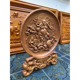 Tranh đĩa phong thuỷ,di lặc gánh tiền,gỗ hương cao cấp dươngd kính 30cm 4