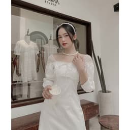 Đầm nữ trắng dự tiệc phối ren - Váy nữ trắng thiết kế tay lỡ - Đầm kaki nữ ren 2