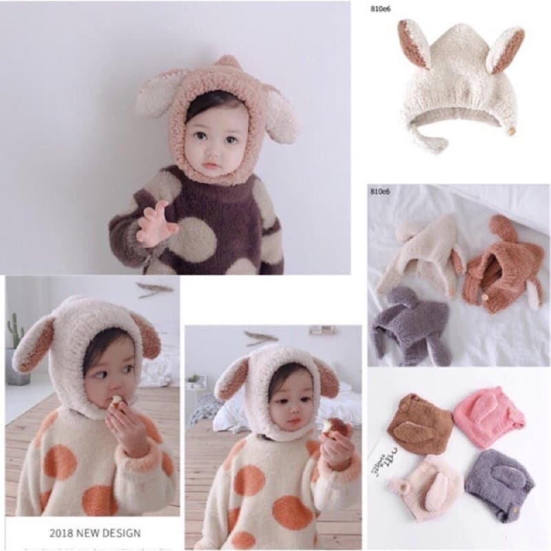 Mũ Lông Cừu Tai Thỏ Trùm Đầu Cho Bé Trai, Bé Gái 1-4Y Siêu Xinh, Chất Len Mềm Mịn Giữ Ấm Tốt