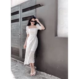[Xả kho nghỉ bán] Đầm nữ ren trắng voan thêu dự tiệc - Váy ren thiết kế lông vũ ôm body dáng dài 2 lớp 4