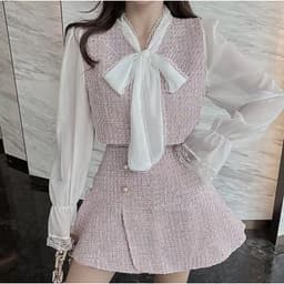 Set Tiểu Thư Áo Sơ Mi Cổ Thắt Nơ Tay Dài Mix Chân Váy Vải Bố - Áo Linen Gài Nơ Kèm Váy Đính Cúc [Hàng Thiết Kế Lahoute] 2
