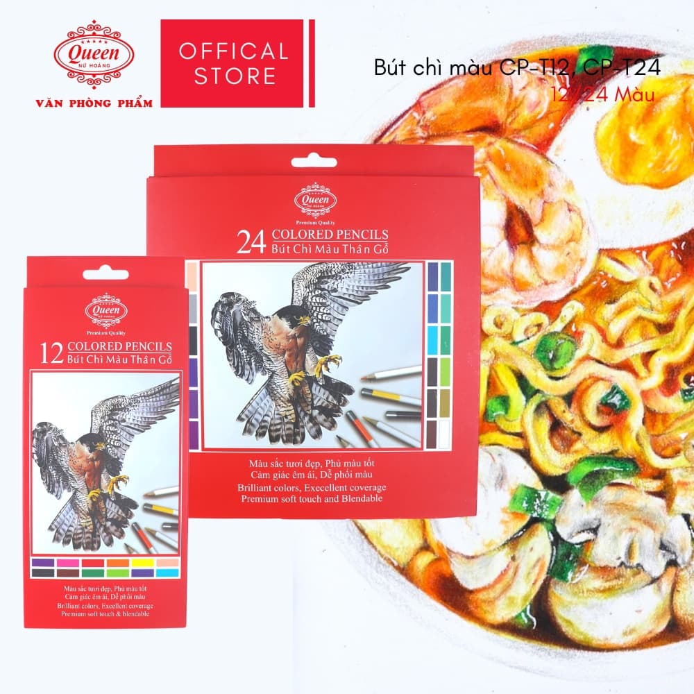 Bút chì màu Queen 12/24 Màu - CPT12/24 (Chì màu gốc dầu, tô chồng lớp tốt)