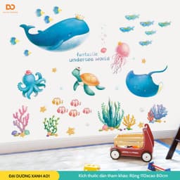 Decal dán tường cho bé, tranh dán tường cho bé đại dương xanh A01, Trang trí phòng ngủ, nhà tắm 1