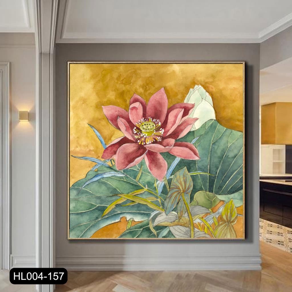 Tranh treo tường hoa sen đỏ nền vàng In canvas khổ vuông có khung- 70 x 70 cm