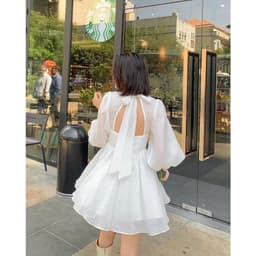 [Xả kho nghỉ bán] Đầm nữ lụa phối voan cột nơ hở lưng, ảnh thật trải sàn - Đầm nữ xòe vải voan lụa công chúa tay dài 9