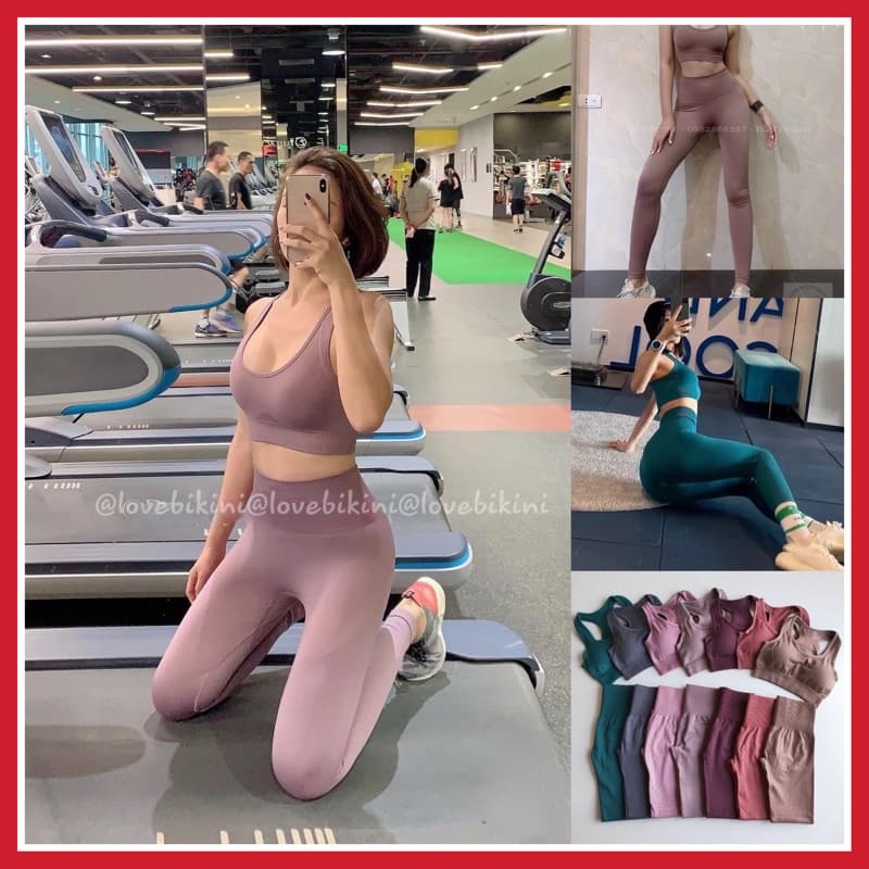 [Hoả Tốc Sẵn] Đồ tập gym ,yoga,pilates thể thao nữ chun dệt áo bra nâng ngực mờ viền quần thun cạp cao QCCC