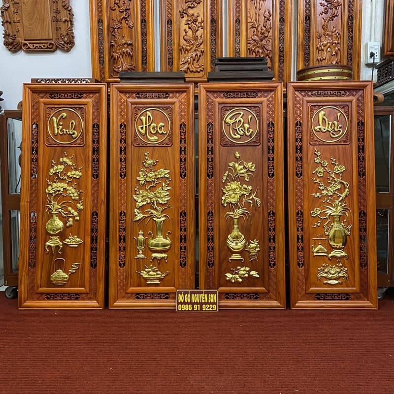 Bộ tranh tứ quý" vinh hoa phú quý" gỗ hương dát vàng kích thước 37*107,dày 4cm