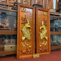 Tranh Cá Gỗ Hương Lý Ngư Vọng Nguyệt Dát Vàng Đài loan 24k bền đẹp 5