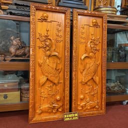 Tranh gỗ cá chép tài lộc,đôi cá lý ngư vọng nguyệt, sơn pu gỗ hương cao cấp 6