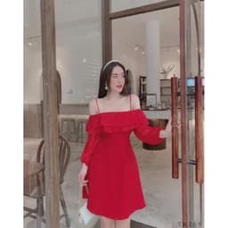 [Xả kho nghỉ bán] Đầm nữ đỏ hai dây trễ vai phối voan - Đầm 2 dây bẹt vai 4