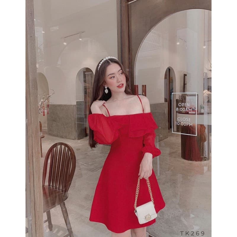 [Xả kho nghỉ bán] Đầm nữ đỏ hai dây trễ vai phối voan - Đầm 2 dây bẹt vai