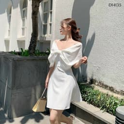 Đầm nữ dự tiệc trắng nơ phủ vai - Váy nữ phối nơ ngực bẹt vai - Đầm nữ trắng dáng xòe rớt vai 3