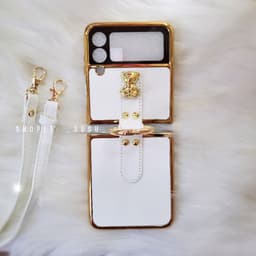 [HÌNH THẬT CÓ SẴN] Ốp Samsung Z Flip 4 - ZFlip3 - Flip3 5G cường lực vân da charm gấu viền gold dây đeo dài sang trọng 4